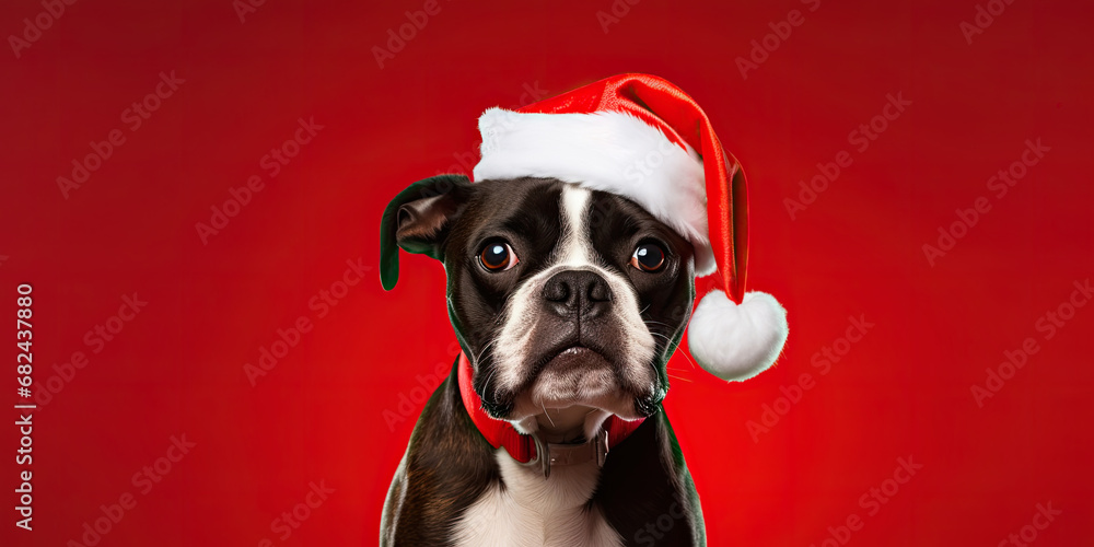 dog dressed in Santa Claus hat, on red background, copy space