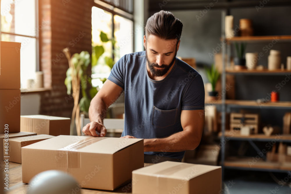 Young handsome man taping a cardboard box for delivery. Warehouse order picker packing and sealing cardboard box with tape for dispatch.