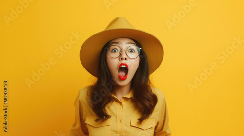 Young beautiful asian woman wearing glasses and hat and yellow coat afraid and shocked with surprise expression, fear and excited face.