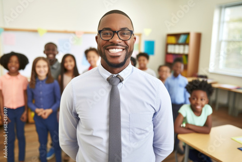 Handsome professional male teacher of nursery school or kindergarten looking at camera while standing against group of little learners.