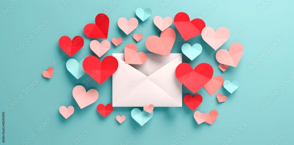 happy valentine's day paper hearts flying from an envelope on blue background, love letter, love, wedding and valentine card 