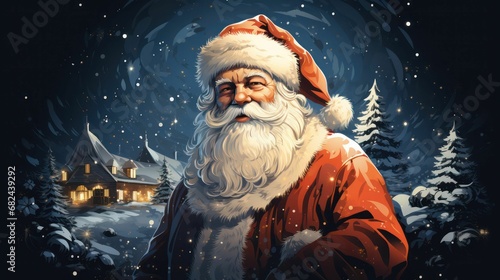 AI generated illustration of Santa gazing out into the night sky, holding a festive Christmas tree photo