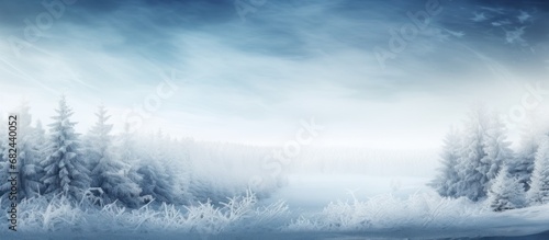 Pine tree covered hoarfrost in white snowy blur background. AI generated image