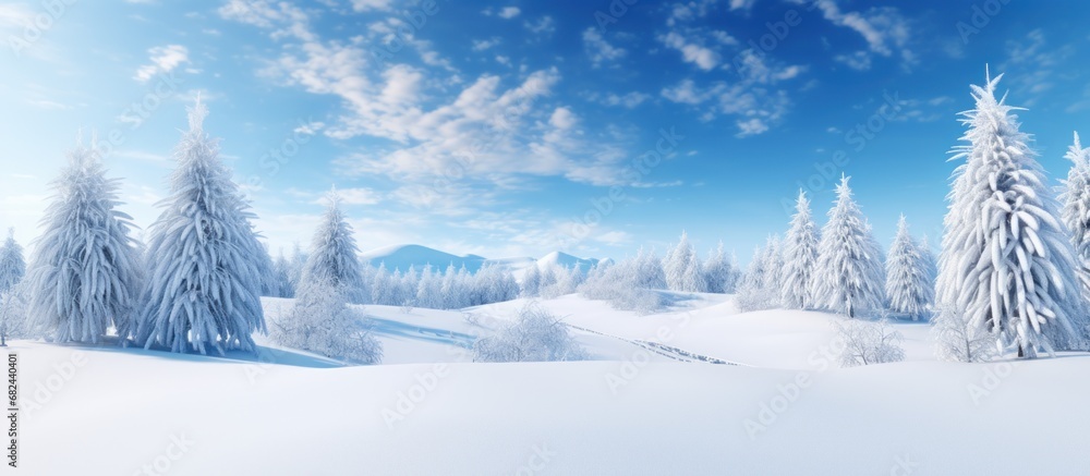 Winter landscape with fir trees in the snow at sunny day. AI generated image
