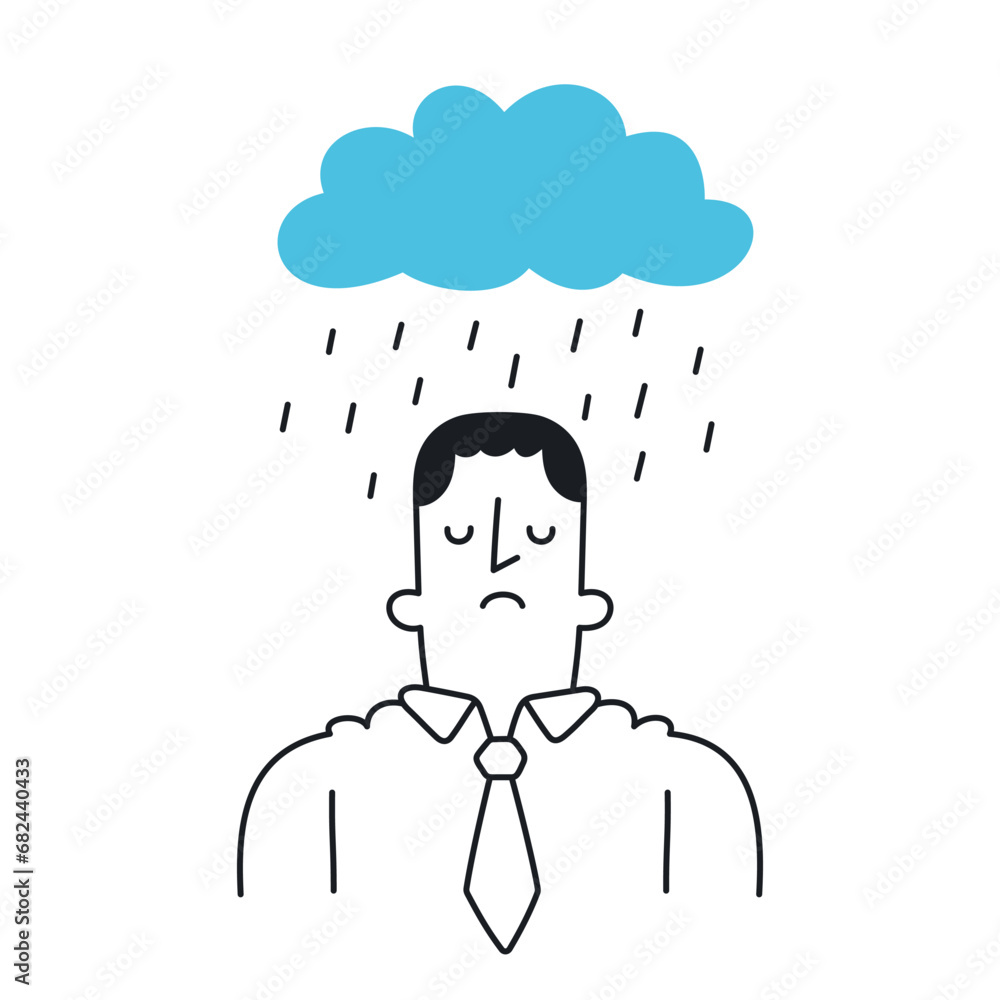 Sad businessman with rain cloud above his head. Bad mood, depressive thoughts, disappointment. Outline, linear, thin line, doodle art. Simple style with editable stroke. Sad businessman with rain cloud above his head. Bad mood, depressive thoughts, disappointment. Outline, linear, thin line, doodle art. Simple style with editable stroke.