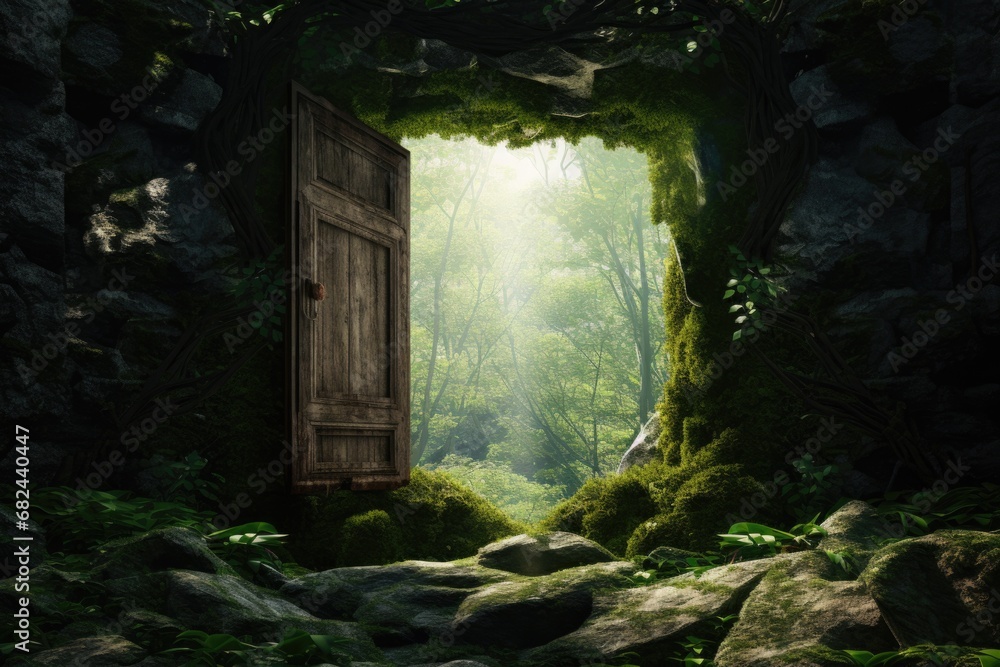 An open door standing in the middle of a forest. This image can be used ...