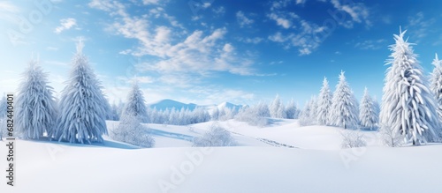 Winter landscape with fir trees in the snow at sunny day. AI generated image © yusufadi