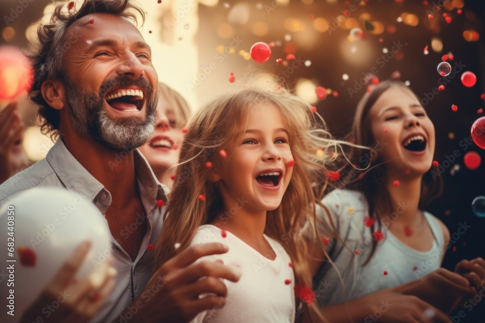 A heartwarming image of a man and a little girl joyfully surrounded by confetti. Perfect for capturing the excitement and celebration of special moments. Suitable for various projects and occasions