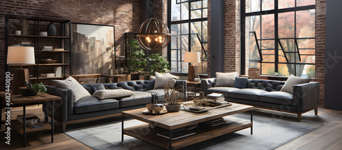 Urban living room featuring industrial accents and a monochromatic color scheme. Exposed brick walls contrast with a charcoal gray sofa, and metallic steel-framed coffee table. Generative AI