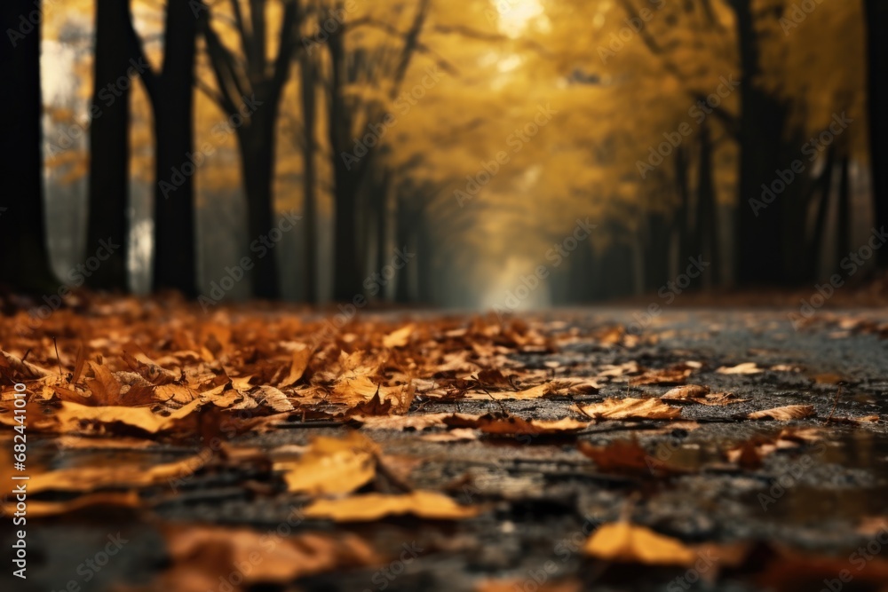 A road covered with fallen leaves, creating a beautiful autumn scene. Ideal for autumn-themed designs or nature-related projects.