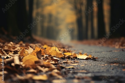 A bunch of leaves laying on the side of a road. Can be used to depict autumn scenery or as a background for environmental or nature-related projects.