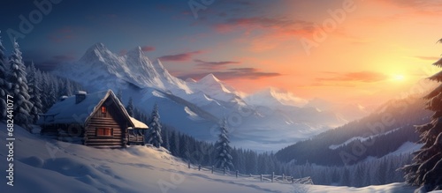 Beautiful winter with wooden house in snowy mountains landscape. AI generated image