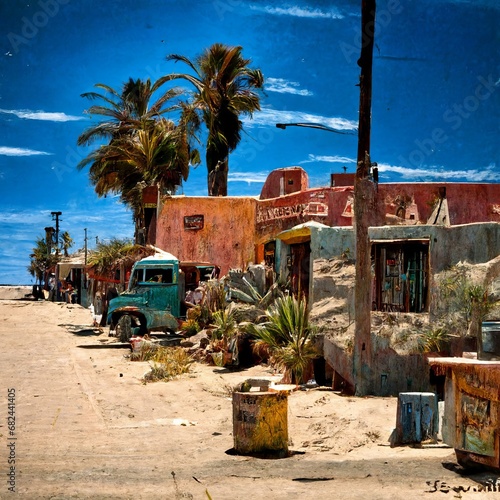 Illustration of poor Baja California beach town under hot midday sun. From the series “Tropicana.”