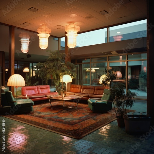 Interior color photograph of upscale 1970s motel lobby with midcentury modern décor. From the series “Interiors.”