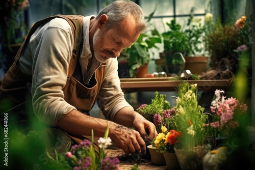 A man is working in a flower shop. 