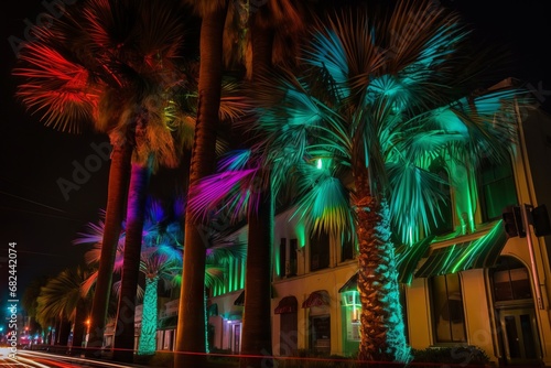 close-up neon vaporwave color photograph of palm trees along a city street at night, with motion blur car headlights. From the series “Golden Age," "Tropicana.” © Mark W Geiger