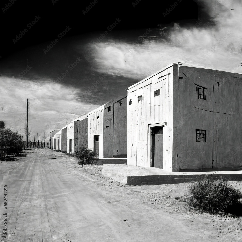 Black and white photograph of a line of concrete industrial storage buildings along an unpaved desert road. From the series “Art Film - Black and White.” Black and white photograph of a line of concrete industrial storage buildings along an unpaved desert road. From the series “Art Film - Black and White.”