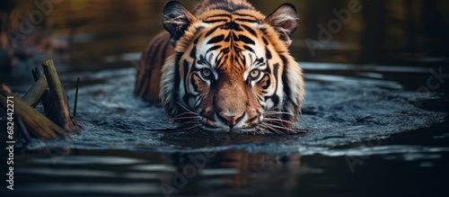 Calm Tiger walking in the water with natural tone color. AI generated image