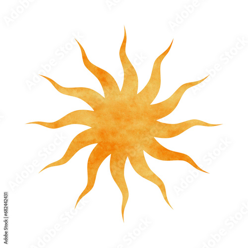 Watercolor illustration of Celestial body Sun. Symbol of magic and alchemy is isolated on a white background. Spiritual occultism object