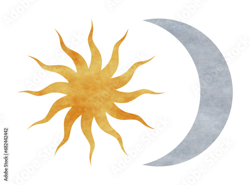 Watercolor illustration of Celestial bodies Sun and Moon. Symbols of magic and alchemy are isolated on a transparent background. Spiritual occultism objects