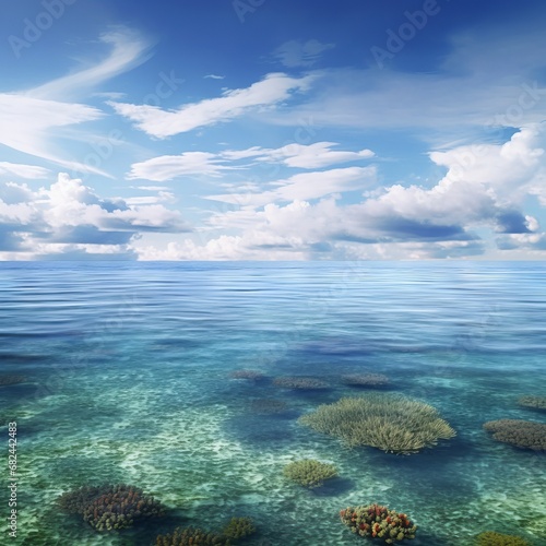 High angle photograph of idyllic seascape with clear water showing a coral reef and marine plants, under bright blue sky. From the series “Tropicana.”