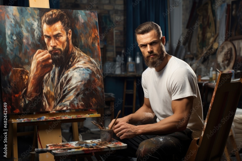 A man is depicted sitting in front of a painting of a bearded man. This image can be used to illustrate art appreciation, museum visits, or the contemplation of artwork. A man is depicted sitting in front of a painting of a bearded man. This image can be used to illustrate art appreciation, museum visits, or the contemplation of artwork.