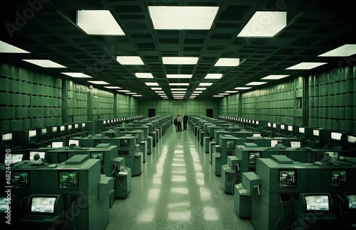 Color photograph of the interior of a windowless bunker in military green with fluorescent lights and rows of 1950s computer workstations. From the series “Art Film - Color,