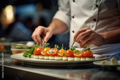 A chef is seen preparing a delicious meal on a plate. This image can be used to showcase culinary skills and the art of plating.