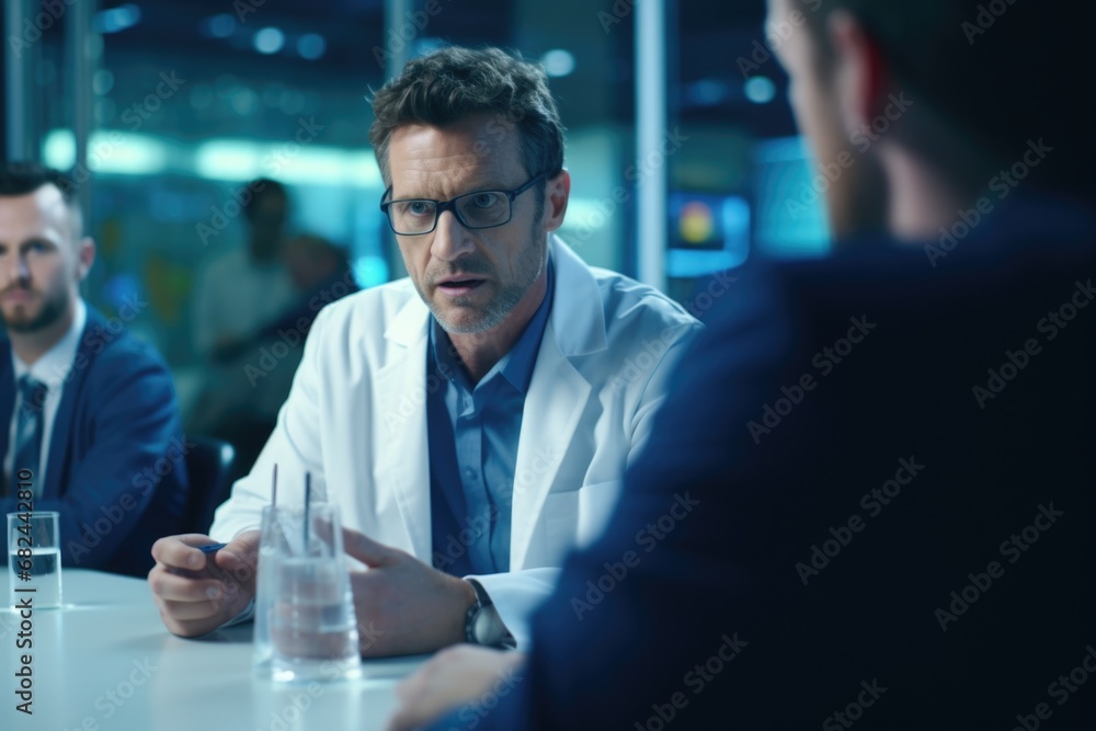 A group of men engaged in a discussion sitting around a table. This image can be used to depict teamwork, business meetings, or casual conversations. A group of men engaged in a discussion sitting around a table. This image can be used to depict teamwork, business meetings, or casual conversations.