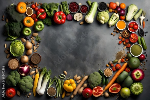 Generate an appealing AI image displaying a variety of vegetables  seeds  and fruits artfully arranged on a sleek grey table 