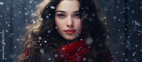 Portrait pretty woman in winter isolated blur snowflakes background. AI generated