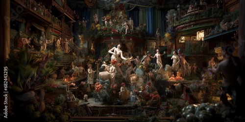 Renaissance-style richly colored painting of a crowded bacchanalia in a baroque overdecorated palace, ornamental plants, bokeh, tenebrism. From the series “Art Film - Color.” © Mark W Geiger