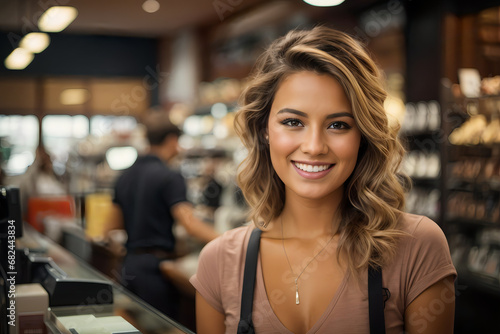 Photo of a beautiful redhead female cashier smiling at a shelf in a store