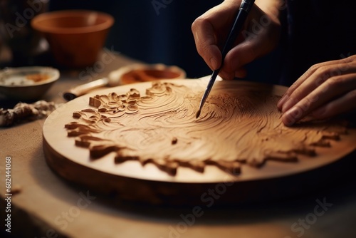A person skillfully carves a wooden plate using a sharp knife. This image can be used to showcase craftsmanship or woodworking techniques.