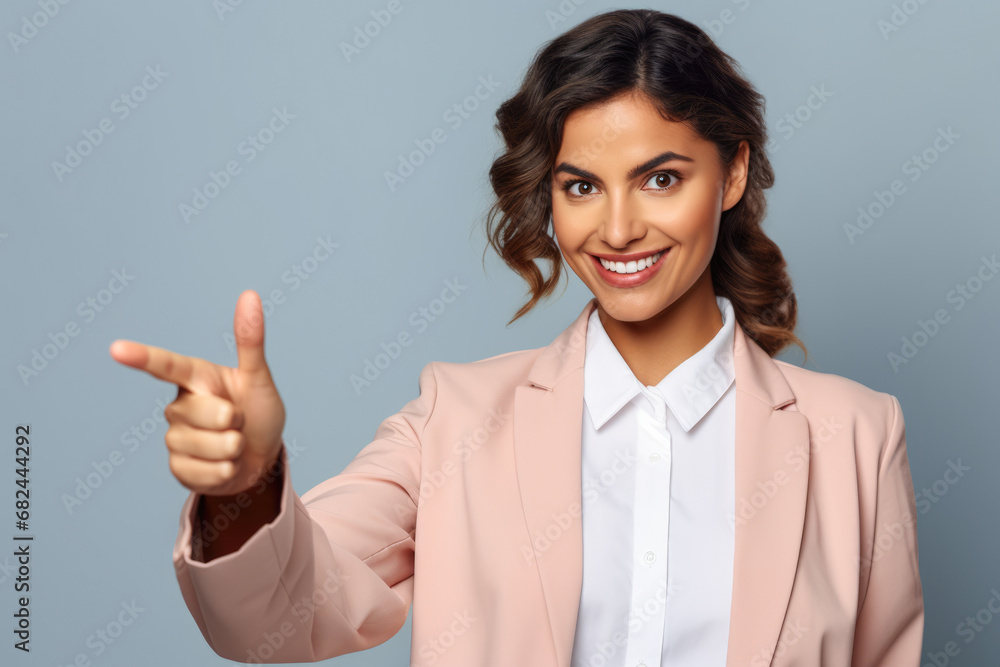 A woman pointing at something on a background of blue. A woman pointing at something on a background of blue.