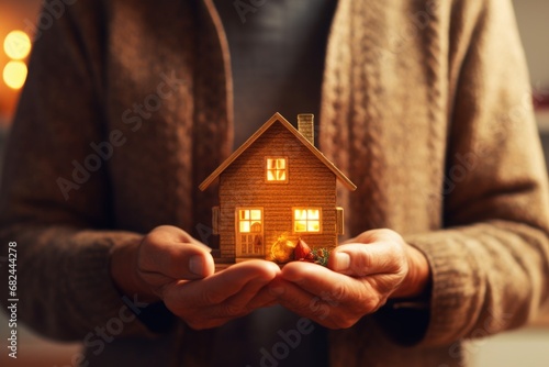 A person is holding a small wooden house in their hands. This image can be used to represent concepts such as home ownership, real estate, construction, or housing market