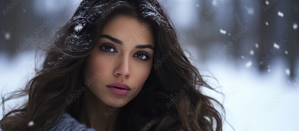 Portrait a beautiful young woman model in winter blur background. AI generated Portrait a beautiful young woman model in winter blur background. AI generated