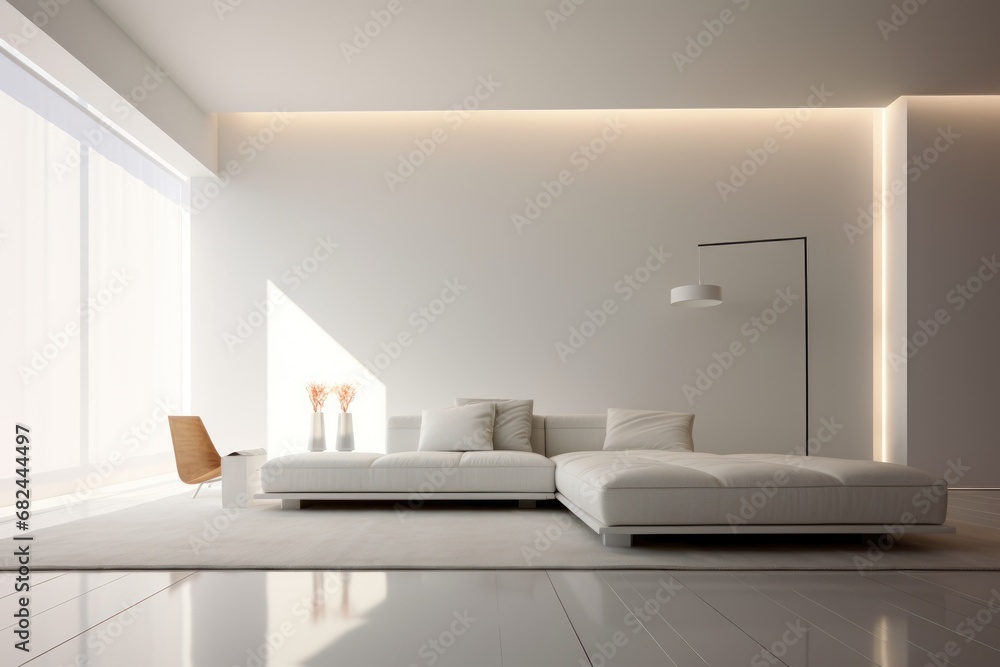 A pristine living room adorned with clean lines, neutral colors, and minimal furniture, embodying the essence of minimalist interior design A pristine living room adorned with clean lines, neutral colors, and minimal furniture, embodying the essence of minimalist interior design
