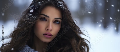 Portrait a beautiful young woman model in winter blur background. AI generated