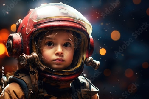 A young child is pictured wearing a helmet and a jacket. This image can be used to promote safety and outdoor activities for children