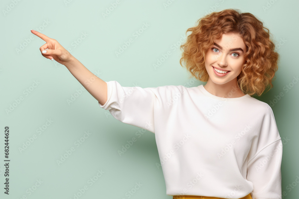 A woman pointing at something on a background of blue. A woman pointing at something on a background of blue.
