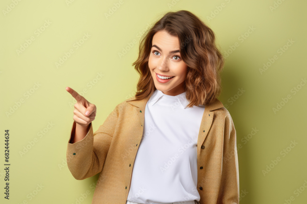 A woman pointing at something on a background of green. A woman pointing at something on a background of green.