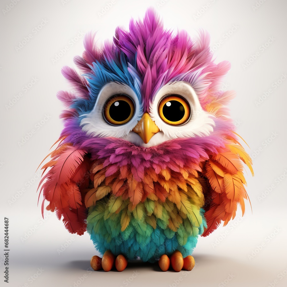 Fototapeta premium cute fluffy cartoon owl with colorful feathers, on a white background