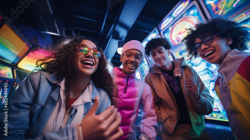 Groupe d'adolescents heureux dans une salle d'arcade, 90s nostalgie photo