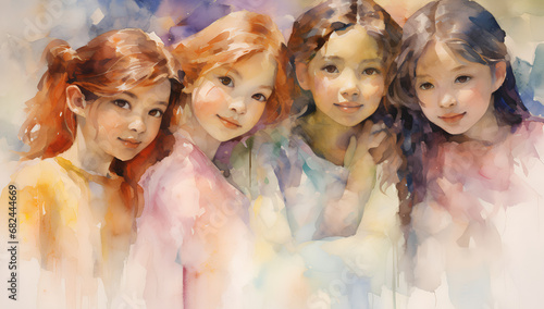 Happy Childhood, Group of Smiling Children in Watercolor 