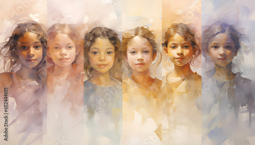 Happy Childhood, Group of Smiling Children in Watercolor 