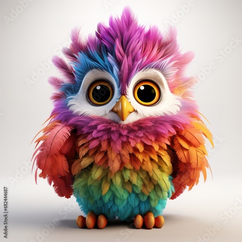 cute fluffy cartoon owl with colorful feathers, on a white background