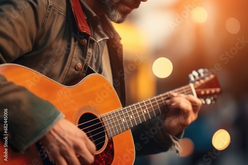 A picture of a man with a beard playing a guitar. This image can be used to depict musicians, live performances, or the joy of playing music