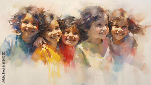 Happy Childhood, Group of Smiling Children in Watercolor 