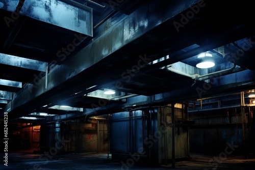 Interior color illustration of an industrial building with hallway exits and exposed pipes  mechanicals  and airshafts  with dim overhead LED lights. From the series    Art Film - Color. 